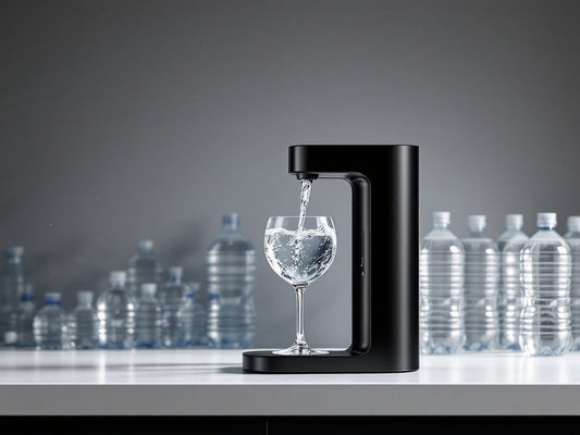 Modern KW-01 water dispenser dispensing pure water with plastic bottles in background highlighting sustainable choice - Kapino Water UK premium Hydrogen water dispenser technology