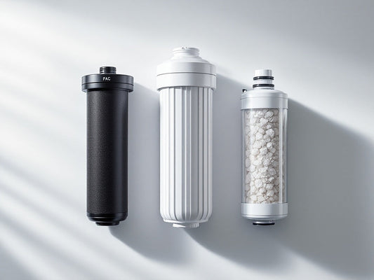 Professional display of three water filter types: PAC, RO membrane, and mineral filters showing different materials and textures - Kapino Water UK premium Hydrogen water dispenser technology