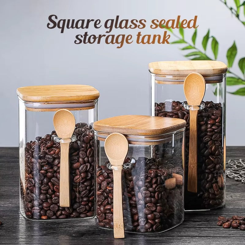 Premium square borosilicate glass kitchen storage jar with sealed bamboo lid (SKU 321).