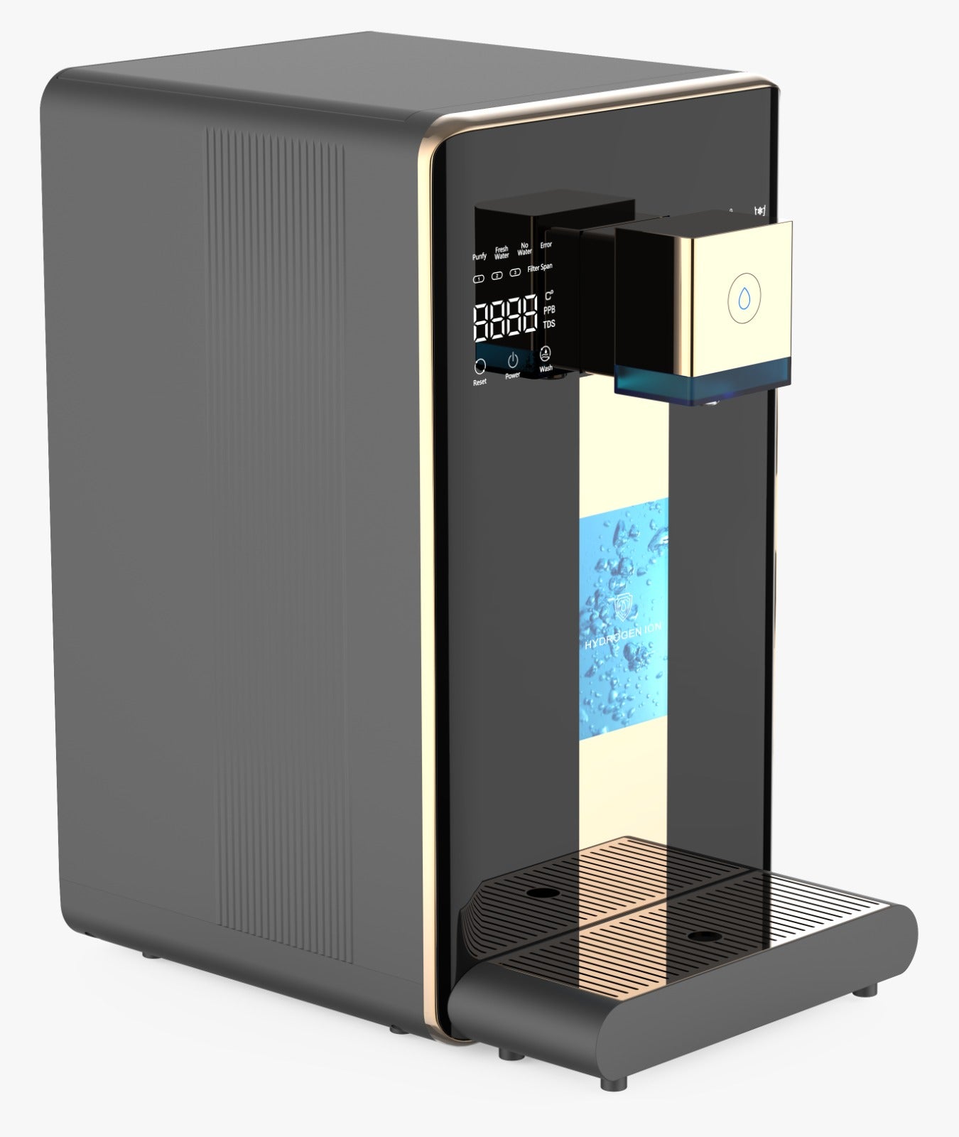 The KW-01 hydrogen water purifier providing clean, hydrogenated water at home using reverse osmosis purification.
