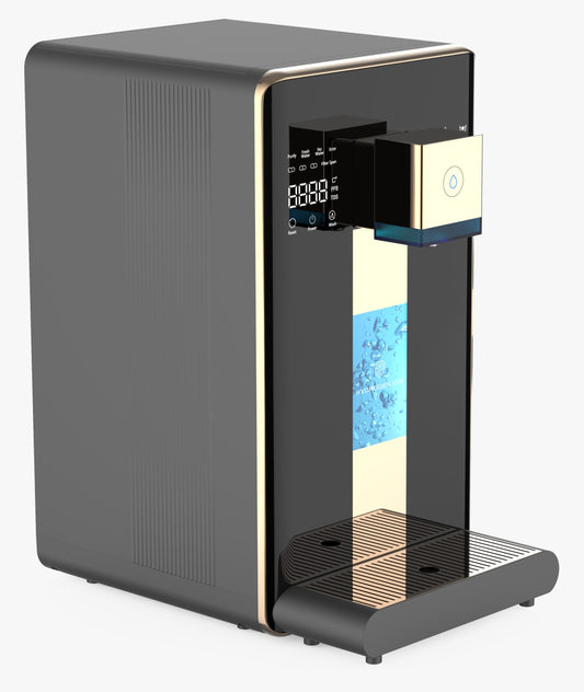 The KW-01 hydrogen water purifier providing clean, hydrogenated water at home using reverse osmosis purification.
