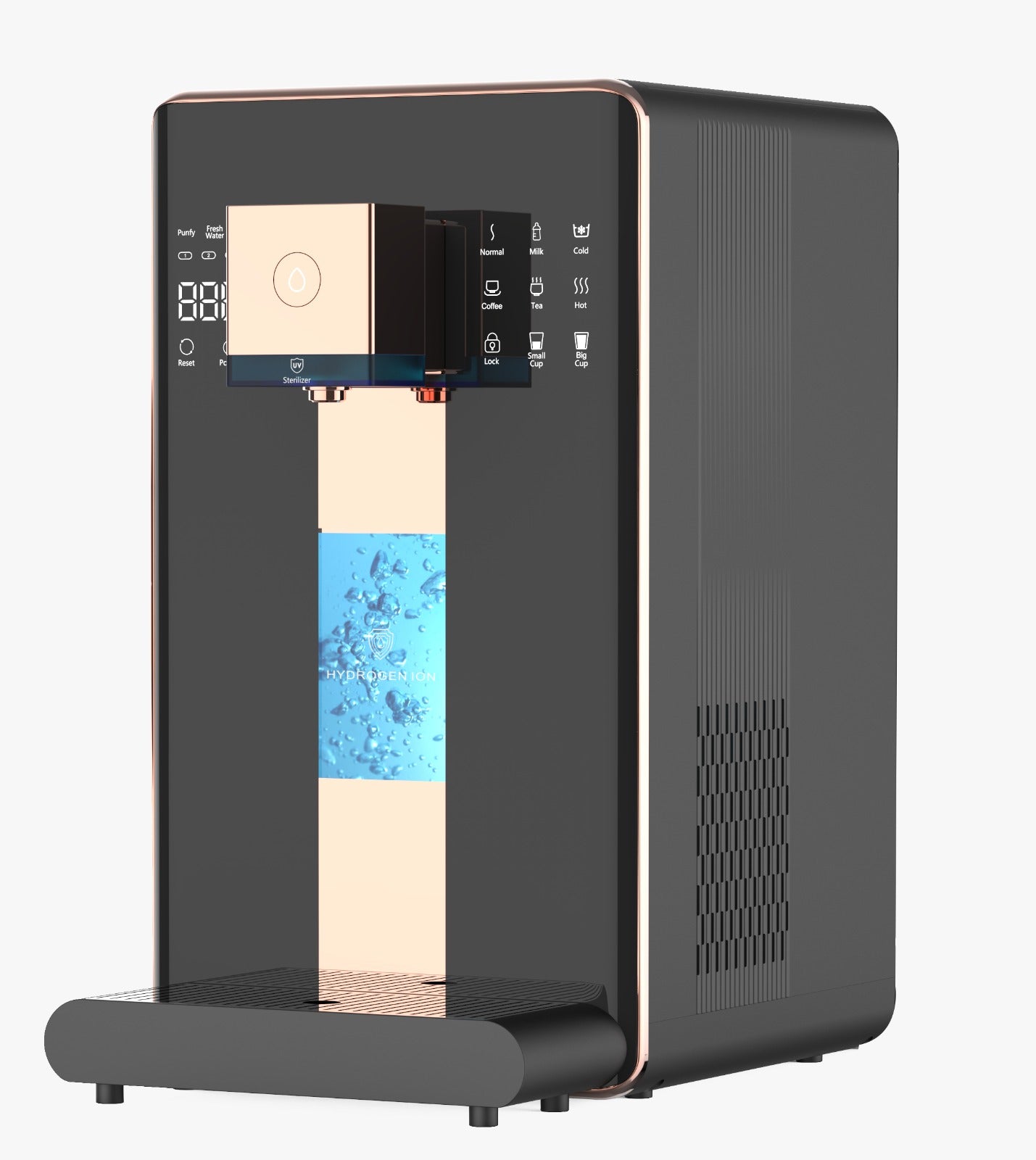 Close-up of the KW-01 dispensing fresh hydrogen-rich water into a glass.