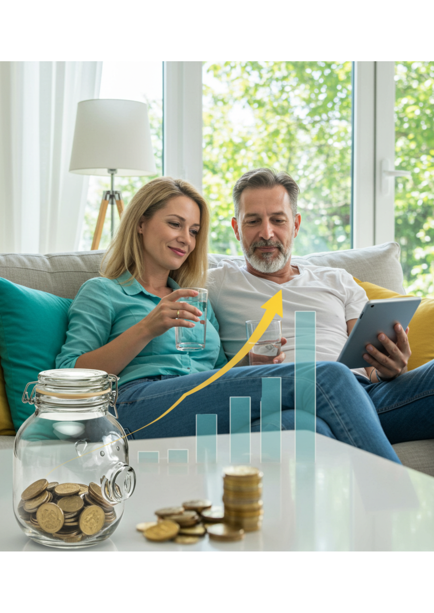 Woman and man sitting on sofa smiling. On front of them is jar full with money, showing money savings made - Kapino Water UK premium Hydrogen water dispenser technology