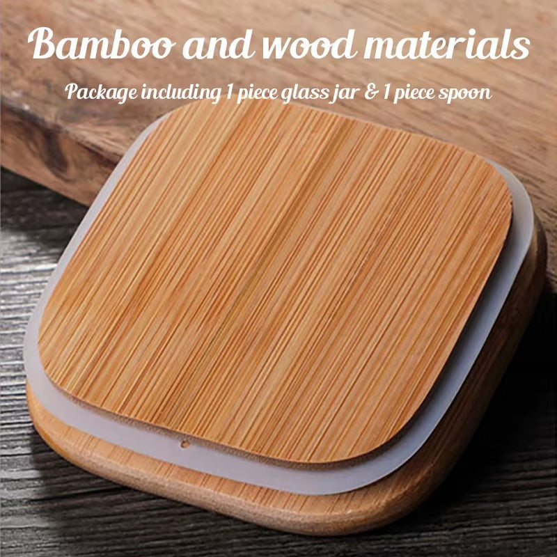 Close-up detail of the sealed bamboo lid on the square glass storage jar.