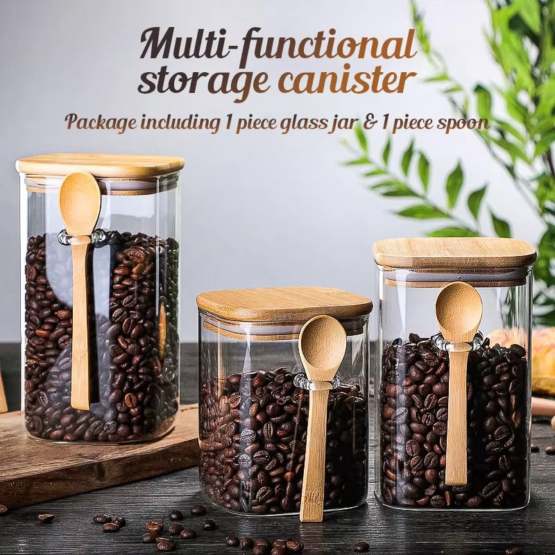 500ml square glass storage jar with airtight bamboo lid.
