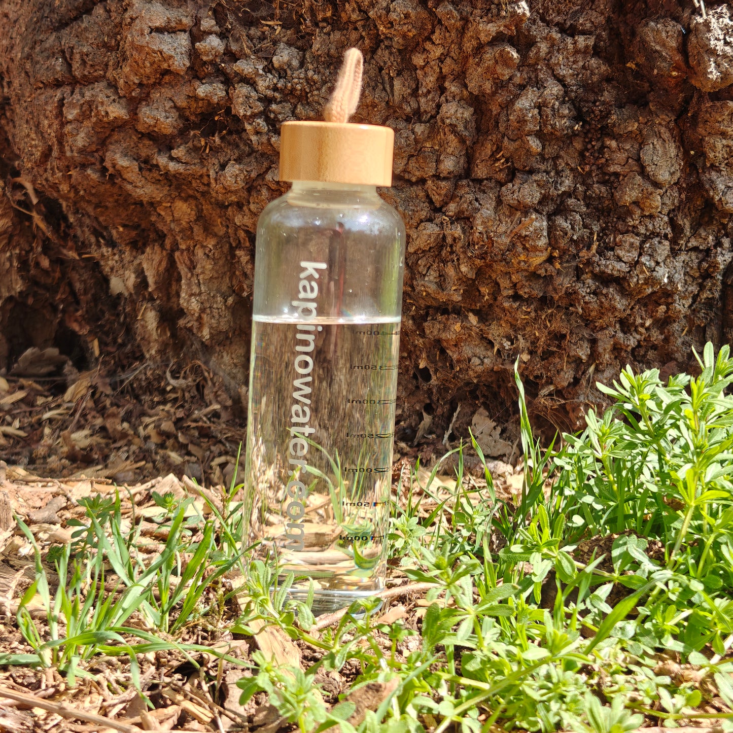 Close-up of the secure bamboo twist/swing lid on the 500ml glass bottle.
