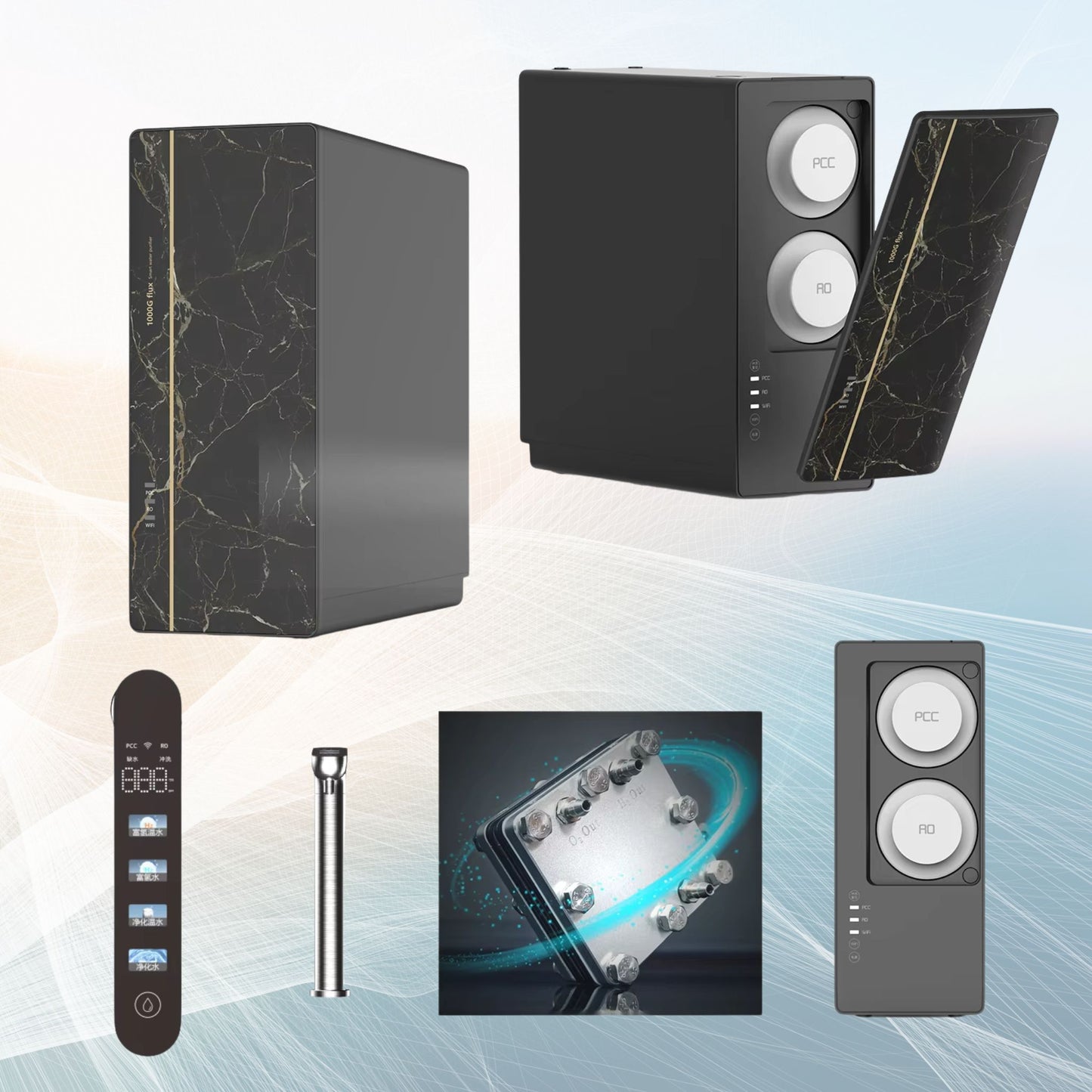 What's in the box: The complete Kapino KW-09 hydrogen water purifier system with main unit, smart faucet, filters, and UK fittings.