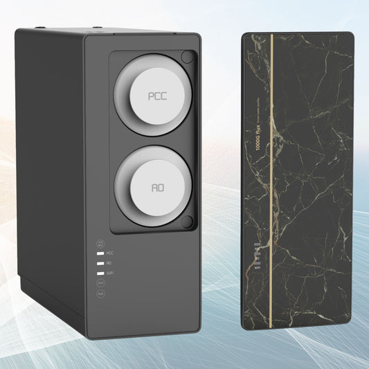 The Kapino KW-09 undersink hydrogen water purifier main unit, a sleek black tankless system for UK homes.