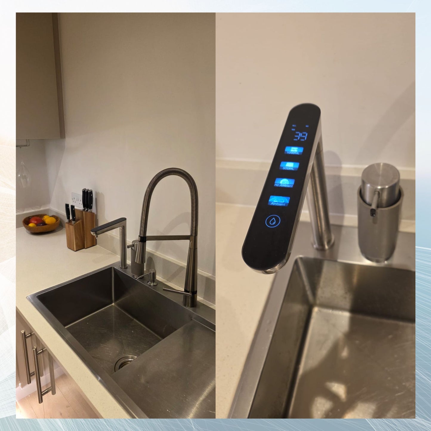 The stylish Kapino KW-09 smart faucet installed in a modern London kitchen, saving valuable counter space.