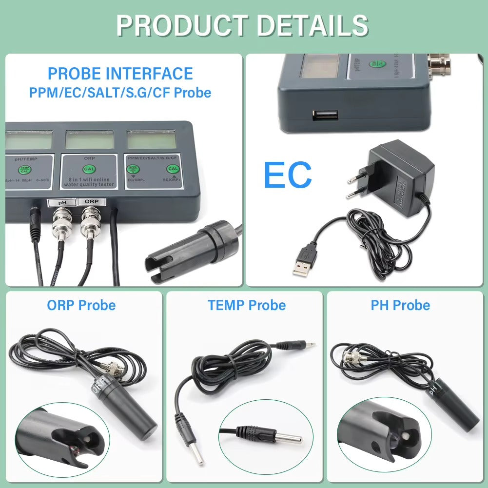 Meter for PH, ORP, EC, TDS, SALT, S.G., Temp using various external probes.