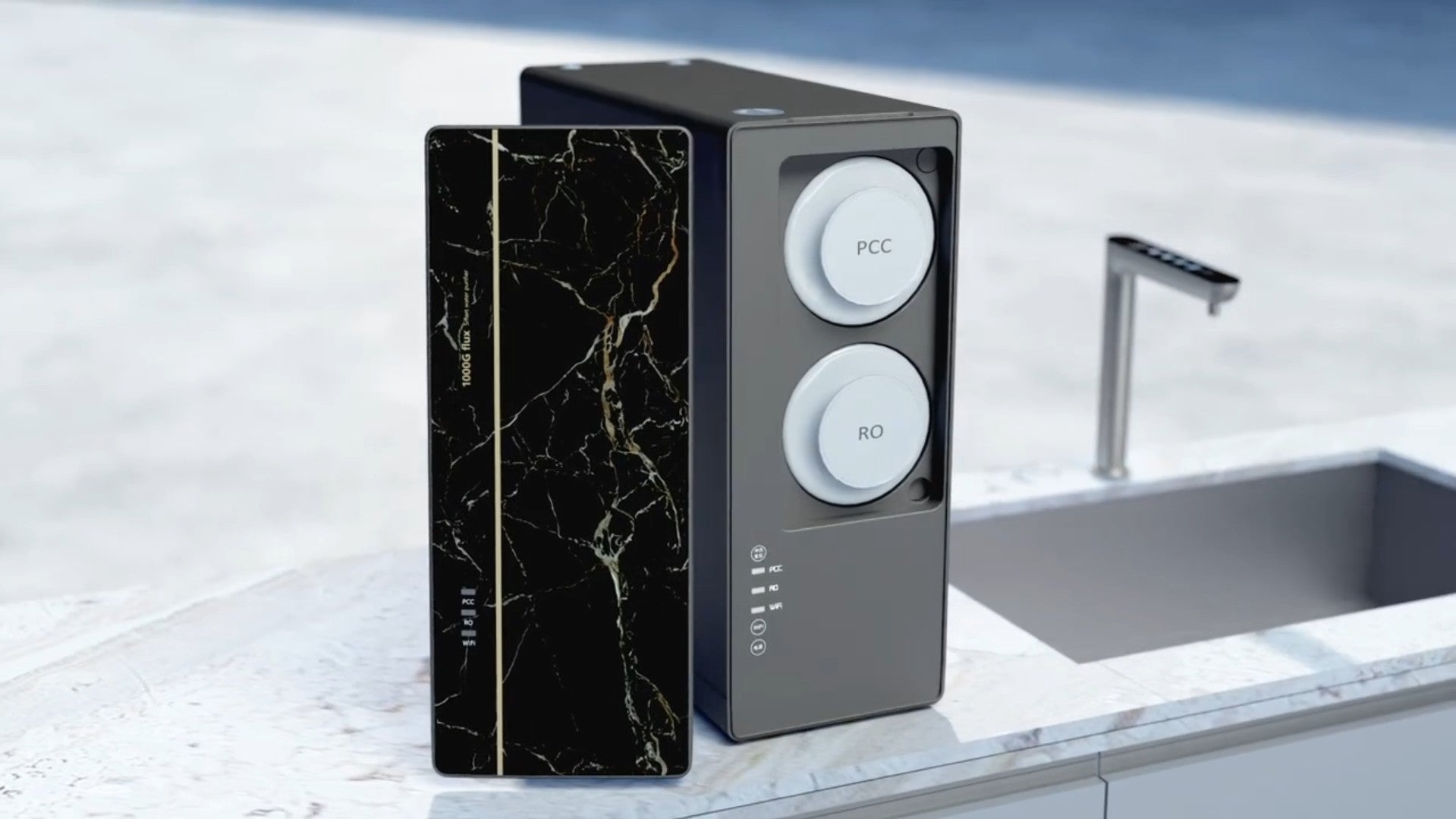 A 3D animation video for the Kapino KW-09, showing how water flows through the PCC and 1000G RO filters to create pure, hydrogen-rich water.