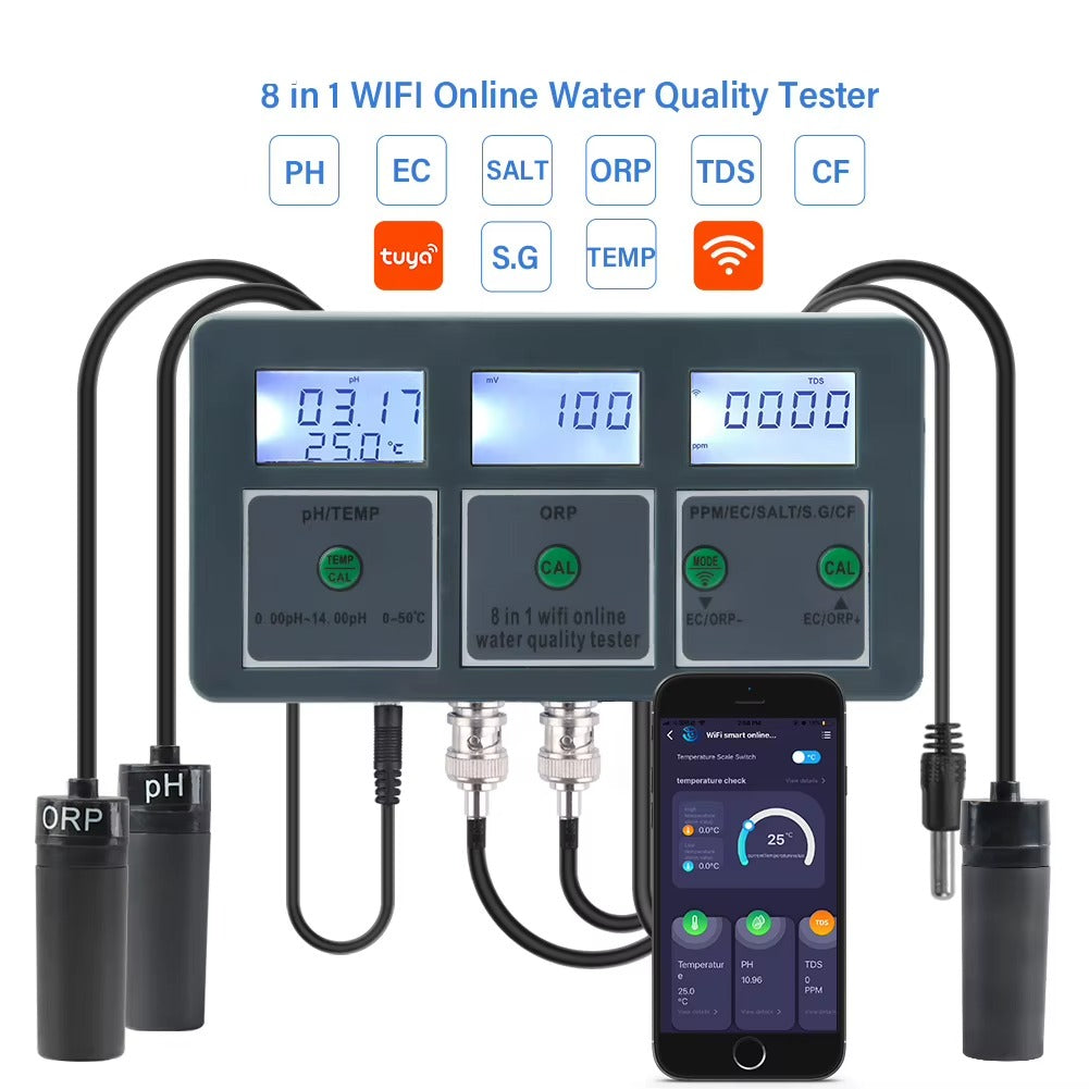 Water quality monitor measuring PH, ORP, EC, CF, TDS, SALT, S.G., and Temp.