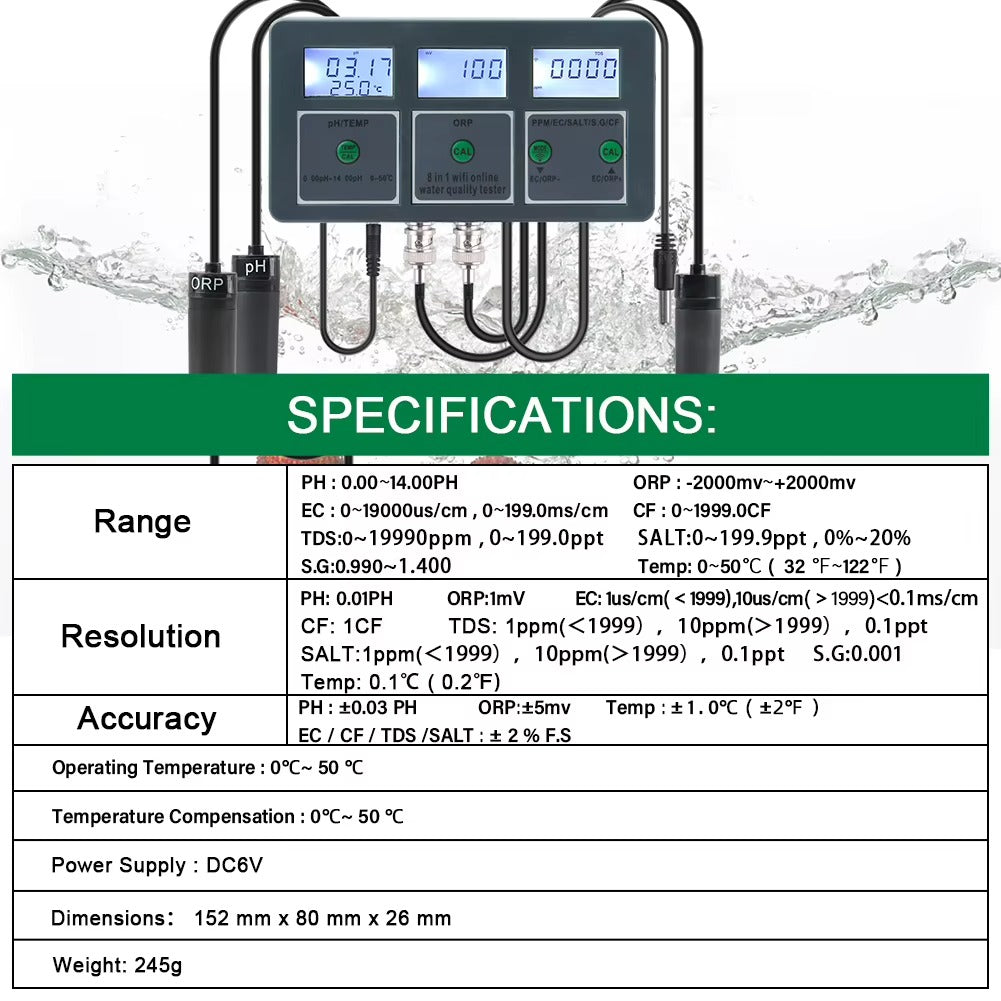 External probes from the 8-in-1 tester shown monitoring water in an aquarium or hydroponics setup.